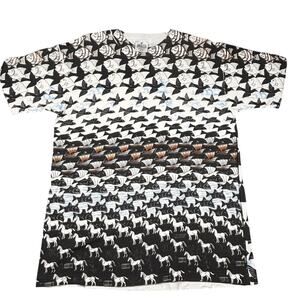 90s Vintage MC Escher Art Tee L Black AOP Andazia Journey to Infinity USA Made